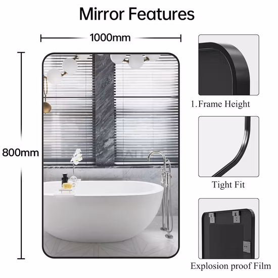 Настенное зеркало для ванной комнаты, прямоугольное косметическое зеркало с закругленными углами в черной металлической рамке